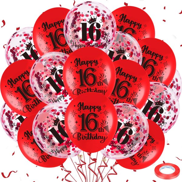 Red 16th Birthday Balloons for Boys Girls, 18Pcs Red Happy 16th Birthday Decorations Balloons 16th Birthday Latex Balloons Confetti Balloons for 16 Years Old Birthday Anniversary Party Supplies Decor