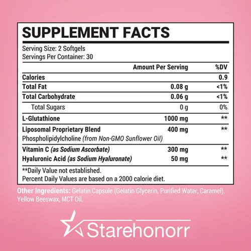 Starehonorr Liposomal Glutathione Softgels 1500MG, Reduced Glutathione Supplement with Vitamin C, Better Absorption, Non-GMO Powerful Antioxidant for Healthy Aging, Detox, Immune Health, 120 Softgels