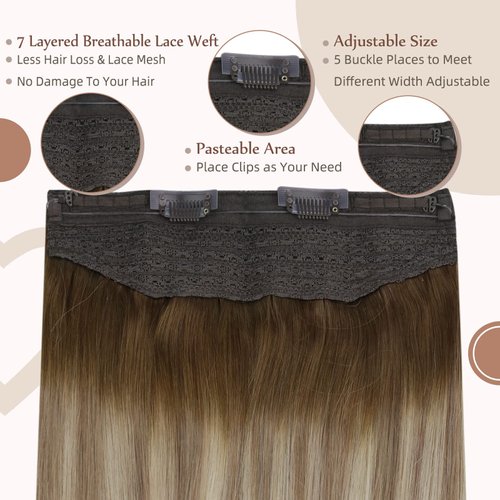 Fshine Wire Hair Extensions Human Hair Invisible Clip in Hair Extensions Brown to Ash Brown and Blonde Secret Headband Wire in Hair Extensions Invisible Hair Wire 12Inch 70g