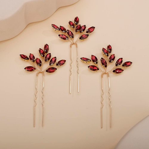 Teyglen 3pcs Bridal Crystal Hair Pins Rhinestones Hair Pieces Simple Crystal Wedding Hair Accessories Handmade Hair Pins for Women Bride Girls (Wine red)