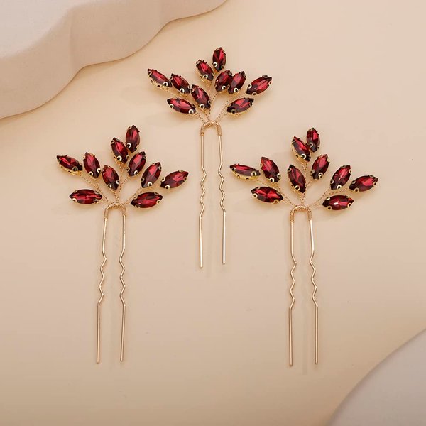 Teyglen 3pcs Bridal Crystal Hair Pins Rhinestones Hair Pieces Simple Crystal Wedding Hair Accessories Handmade Hair Pins for Women Bride Girls (Wine red)