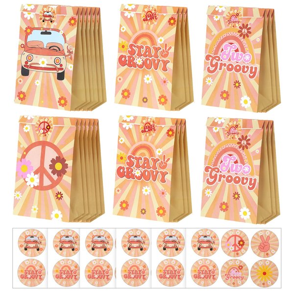 Tudomro 60 Pcs Two Groovy Boho Hippie Party Favors Bags with Stickers Two Groovy Party Decorations for Birthday Baby Shower Party Supplies