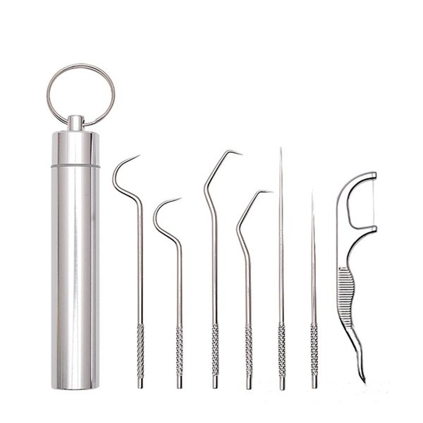 Dental Pick Portable Stainless Steel Tooth Pick Set Reusable Tooth Stains Remover Dental Tool Teeth Cleaning Tools with Holder for Outdoor Picnic, Camping, Travel (7PCS/Set)