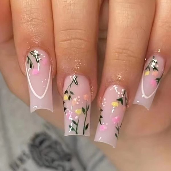 Press on Nails Long Coffin MABKJLF Spring French Fake Nails Full Cover False Nails with Flower and Leaves Designs Glossy False Nails with Nail Glue Artificial Acrylic Nails for Women Girls 24 Pcs