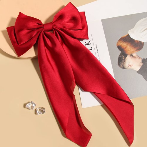 Women Big Bow Barrettes Girl's Satin Hairclips Long Ribbon Hair Pins Accessories For Party (Burgundy)