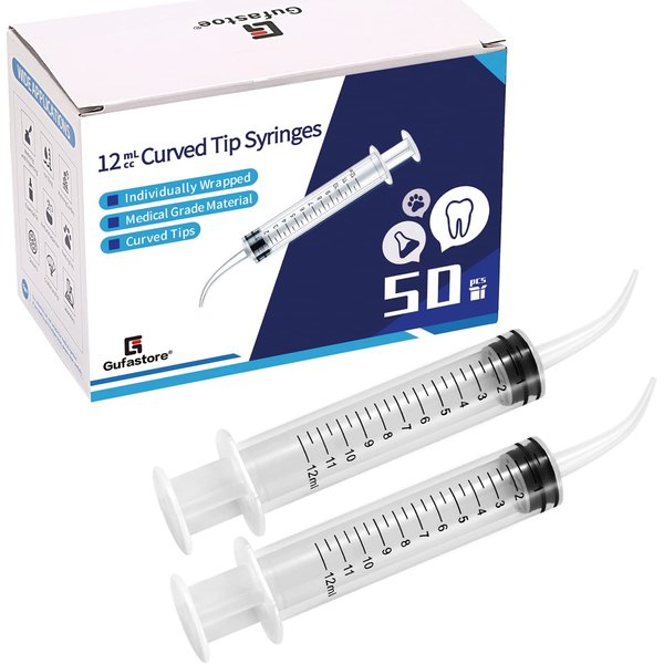 50 Pack 12ml Dental Syringe with Curved Tip for Oral Dental Care, Lab, Feed Small Pet