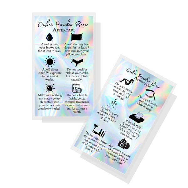 Boutique Marketing LLC Ombre Powder Brow Aftercare Instructions Cards | 50 Pack | 2 Sided 2x3.5 inches Business Card Size | Snatched Brows Holographic Look Design,rainbow, silver, holographic, black