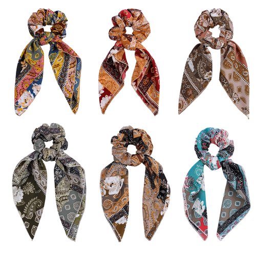 Cutewing Scrunchie Scarf Paisley Hair Scarf Bandana Scrunchies Chiffon hair tie scarf Hair Ribbons Ponytail Holders Bow Scrunchies Hair Accessories for Women with 6PCS