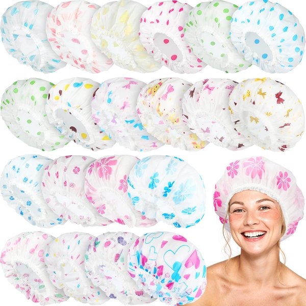 Waterproof Shower Caps, 20 Pcs Assorted Plastic Reusable Shower Caps Bathing Salon Hair Cap Elastic Band Bath Caps for Women Ladies Girls Home Spa