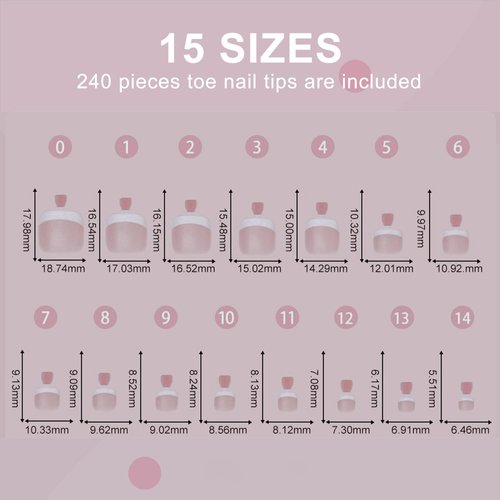 French Toe Nail Tips Press on, Short Toenail Tips Press Ons Square Pre-applied Tip Primer & Base Coat, Full Cover Matte False Nails for DIY 240 Pcs x 15 Sizes