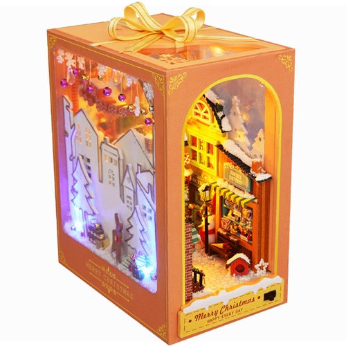 Roroom DIY Book Nook Kit, DIY Dollhouse Booknook Bookshelf Insert Decor Alley,3D Wooden Puzzle with Book Nook Bookshelf Insert Wood Bookend Model Building (Merry Christmas-TC38)
