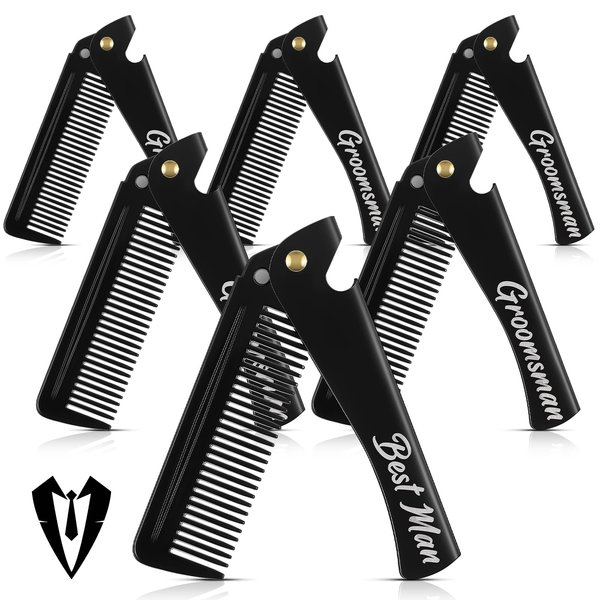Lineshading 6 Pcs Folding Beard Comb for Men Groomsmen Gift Best Man Gift Pocket Combs Bulk Hair Mustache Comb for Grooming Detangling Wedding Favor Gift (Black,Stainless Steel)