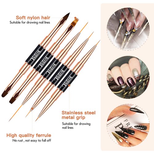 Nail Art Brushes Set - Professional 5pcs Double-Ended Acrylic Nail Art Brushes Liner Detail Thin Brushes for Drawing Design Brushes Gel Builder Brushes 3D Nail Art Tools (Black)