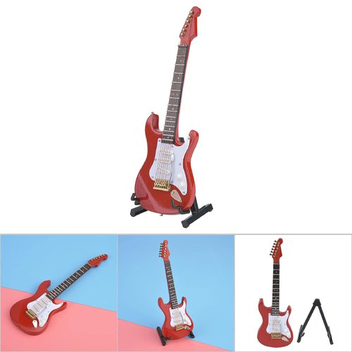 Wooden Miniature Guitar, Miniature Ornaments Guitar Decoration Mini Electric Guitar with Stand Decorative Dollhouse Accessories Mini Musical Ornaments (Red)