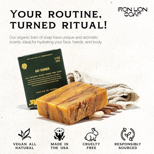 Iron Lion Soap - Bay Runner Organic Soap Bar - Made in USA - Plant Based, Vegan, Cold Process Handmade Soap - Moisturizing Bath Soaps for All Skin Types - (3 Pack)