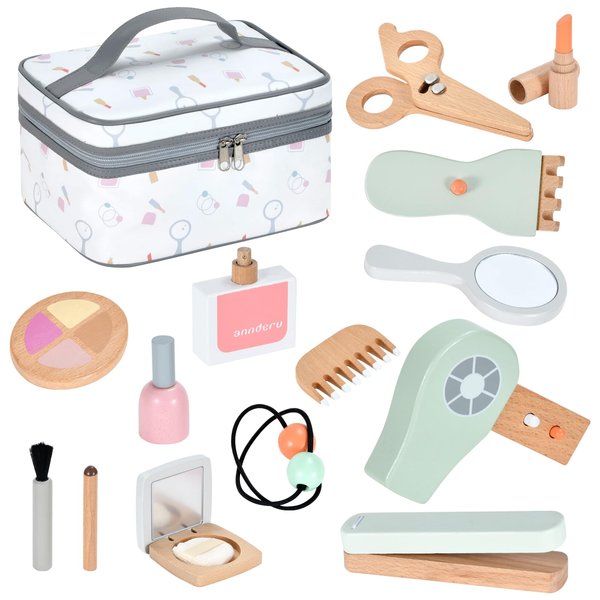 Ehome Wooden Makeup Toy Set, Wooden Salon Toys Toddler Pretend Makeup Kit for Little Girls Princess Gift Wood Play Make Up Beauty Set Toys for Girls Age 3 - 9 Birthday Christmas