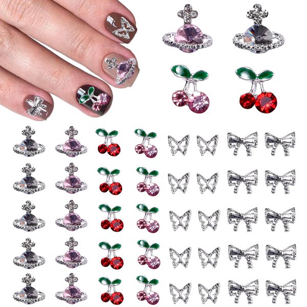 Tatiwoo 44Pcs 3D Nail Gems Charms, Pink+White Silver Star Planet Bowknot Cherry Nail Art Charms Rhinestones, Butterfly Nail Rhinestones Jewels Charms Accessories for Nail Art Supplies Manicure