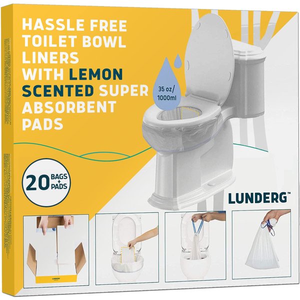 Lunderg Toilet Bowl Liners with Lemon Scented Super Absorbent Pads - Value Pack 20 Count Universal Fit - Disposable Toilet Bags to Convert Any Home, Boat or Camping Toilet in a Dry Toilet