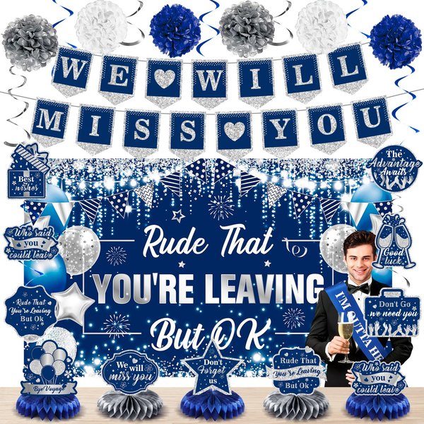 Farewell Party Decorations Blue Silver We Will Miss You Banner Honeycomb Centerpiece Rude That You're Leaving But Ok Backdrop Hanging Swirls for Coworker Goodbye Retirement Going Away Party Supplies