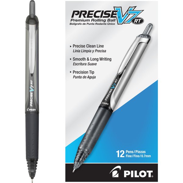 Pilot Precise V7 RT Refillable & Retractable Liquid Ink Rolling Ball Pens, Fine Point (0.7 mm), Black, 12-Pack