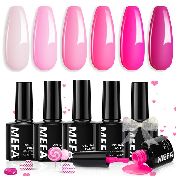 MEFA Pink Gel Nail Polish Set 6 Colors, Hot Pink Shades Spring Neon Light Bright Pink Magenta Electric Tones Craze Nail Art Design at Home DIY Manicure Kit Gifts for Women