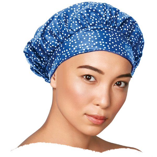 TIARA Reusable Shower Cap - Waterproof Shower Cap for Women - Two-in-One Bathing Hair Cover for Dryness and Bonnet for Hair Care - For Straight and Curly Hair - Dots Blue
