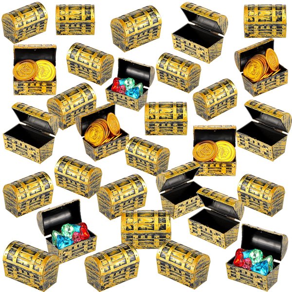 50 Pieces Pirate Treasure Chests 2.3 Inch Plastic Chests with a Gold Finish Vintage Pirate Jewelry Box Games Toy Set Pirate Birthday Party Favors Supplies for Boys Girls Halloween Party (50 Pieces)