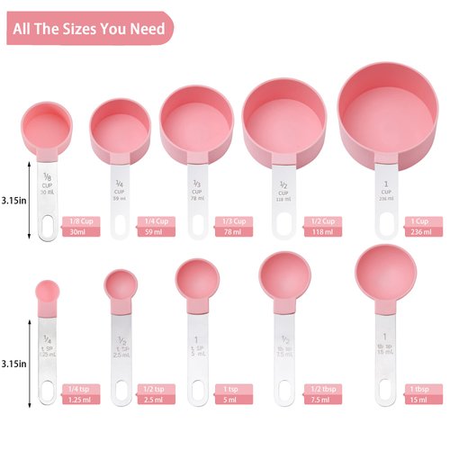 Measuring Cups and Spoons Set of Huygens Kitchen Gadgets 10 Pieces, Stackable Stainless Steel Handle Measuring Cups for Measuring Dry and Liquid Ingredient (Pink)