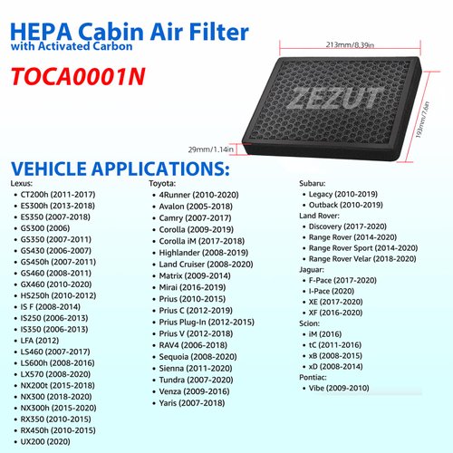 ZEZUT Honeycomb Structured Activated Carbon Cabin Air Filter Replacement for Toyota & Lexus Vehicles (Replacement for CP285/CF10285)