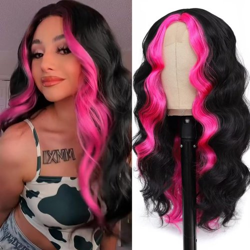 msloosily Hot Pink Skunk Stripe Wigs 22inch Highlight Synthetic Hair Lace Front Wigs for Black Women Middle Part Fake Scalp Long Wavy Wig Natural Looking Synthetic Body Wave Wigs