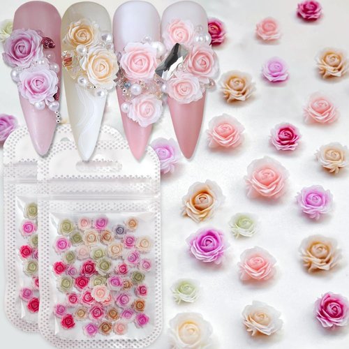 Flower Nail Charms, 100PCS 3D Flower Nail Art Gradient Red Pink Purple Green Resin Acrylic Rose Spring Nail Art Design Manicure DIY Nail Decoration for Women Girls