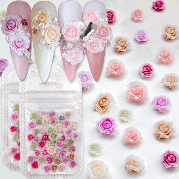 Flower Nail Charms, 100PCS 3D Flower Nail Art Gradient Red Pink Purple Green Resin Acrylic Rose Spring Nail Art Design Manicure DIY Nail Decoration for Women Girls