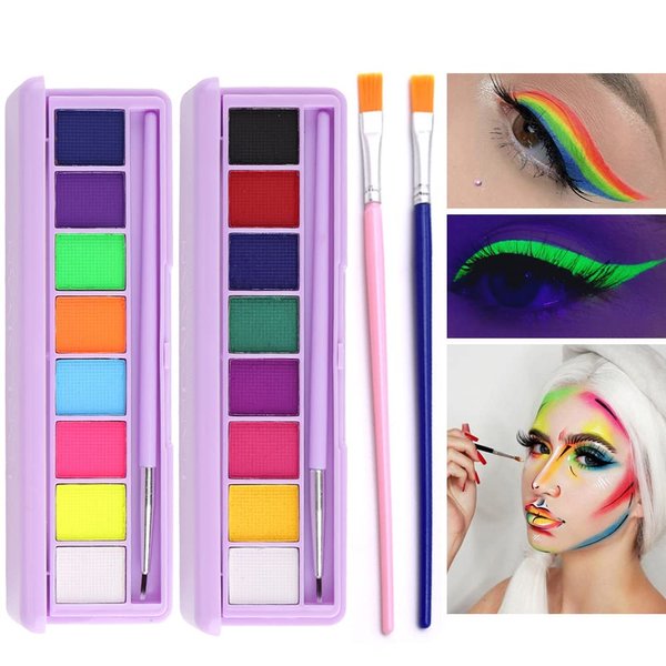 16 Colors Neon Face Paint Liner Makeup Water Activated Eyeliner Palette UV Glow Longlasting Fluorescent Face & Body Paint with Brush for Halloween Christmas
