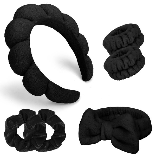 Ondder 6 Pcs Black Spa Headband and Wristband Set Makeup Spa Headband for Washing Face Bubble Skin Care Headbands Face Wash Sponge Puffy Headband Head Bands Hair Accessories for Women Girls