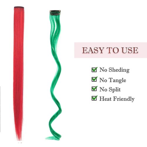 Christmas Colored Hair Extensions, 6Pcs 21 in Red Green Long Straight Hairpieces Clip in Synthetic for Kids Girls Women Christmas Party Supplies