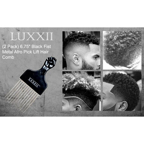 LUXXII (2 Pack) 6.75" Black Fist Metal Afro Pick Lift Hair Comb Detangle Wig Braid Hair Man Styling Comb