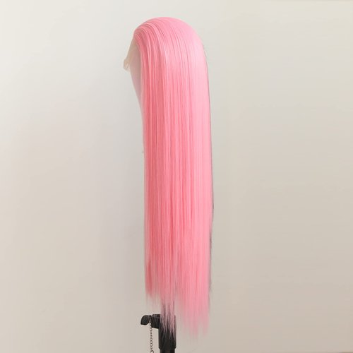 BTWTRY Half Pink Half Black Synthetic Lace Front Wigs Cosplay Wig Long Straight Hair for Fashion Women Halloween Party Wigs Heat Resistant Fiber Hair (24 Inch, Half Pink Half Black)