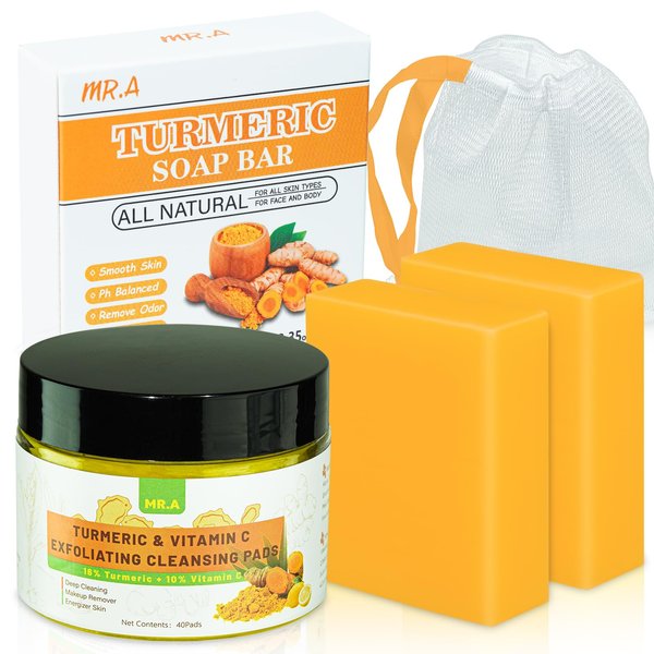 2Pack Turmeric Soap Bar and Turmeric Cleansing Pads Skincare Set, 1Pack Turmeric Face Exfoliating Pads with Vitamin C, B5, 2Pack Organic Tumeric Soap for Face & Body, Vitamin C Turmeric Face Wash