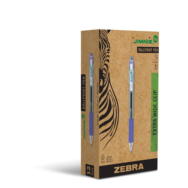 Zebra Pen Jimnie Clip Retractable Ballpoint Pen, Medium Point, Blue Ink, 1.0mm, 12-Count (22520)