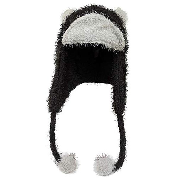 Fleece Teddy Bear Ear Trapper Winter Hat w/Pom Tassels Black/White