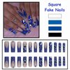 MISUD Press on Nails Long Square Fake Nails Glossy Glue on Nails Bling Blue Glitter Acrylic Nails Squoval Artificial Nails French Tip Stick on False Nails with Heart Rhinestone Design 24 pcs