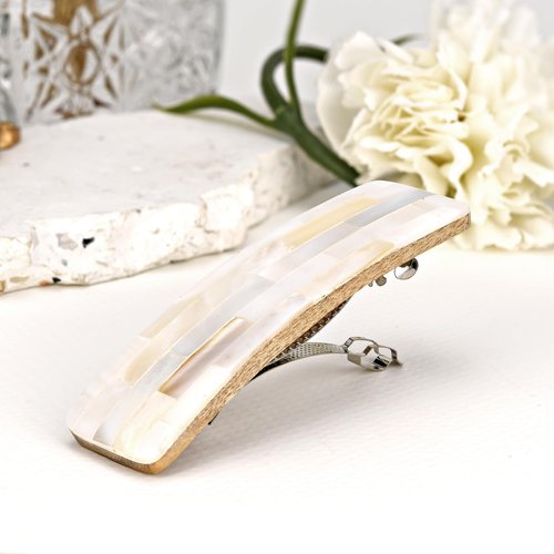 AeraVida Shimmering Iridescence Mosaic White Mother of Pearl Shell Hair Clip | Mother of Pearl Hair Clip | Flat Hair Clip | Iridescent Hair Clip | Wood Hair Clips | Hair Clip for Women