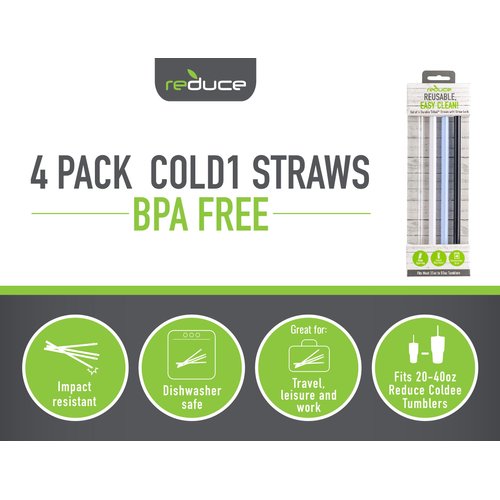 Reduce Reusable Hard Plastic Straws, 4 Pack - Fits 20-50 oz Tumbler Mugs - BPA-Free, Dishwasher Safe, Impact Resistant - Ideal Drinking Straws for Home and Travel