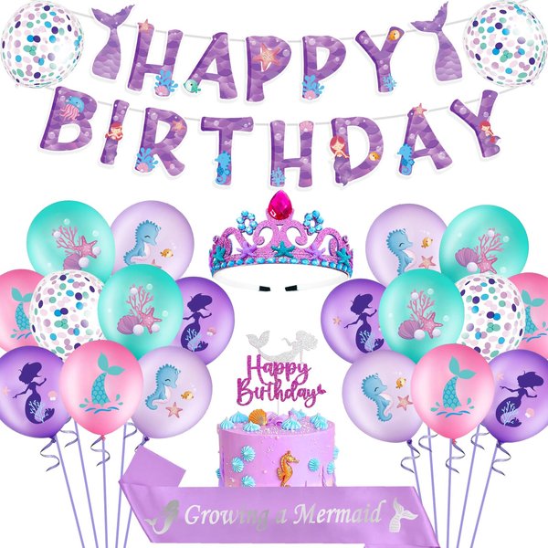 SKJIAYEE Mermaid Birthday Decorations Kit - Contain 20 Mermaid Latex Balloons, Mermaid Crown, Mermaid Banner, Mermaid Cake Topper, Mermaid Sash, Great for Girls Mermaid Theme Birthday Party Supplies