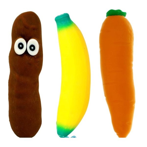 JA-RU Squishy Poop, Carrot & Stretchy Banana Fidget Toy (3 Squishies) Slow Rising Sand Filled Stress Toy. Funny Gag Gifts for Kids. Fidget Squeeze Toy. Banana Party Favors. 6448-3340-3342p