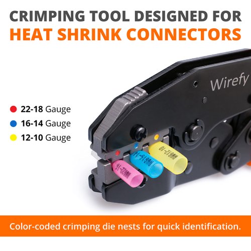 Wirefy Crimping Tool For Heat Shrink Connectors - Ratcheting Wire Crimpers - Crimping Pliers - Ratchet Terminal Crimper - Electrical Crimping Tool - 22-10 AWG