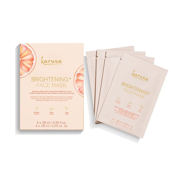 Karuna Skin - Brightening+ Sheet Masks for Radiant Skin, Hydrating Face Mask Skin Care Essential, Face Mask with Grapefruit Seed & Rare Asian Plant Extracts Plus Salicylic Acid, 4 Sheets per Pack