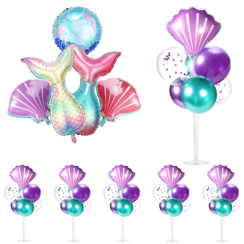 Cecnamt 6 Sets Mermaid Birthday Decorations Mermaid Balloon Stands for Table with Mermaid Balloons Sea Shell Balloons Mermaid Party Decorations Mermaid Party Favors