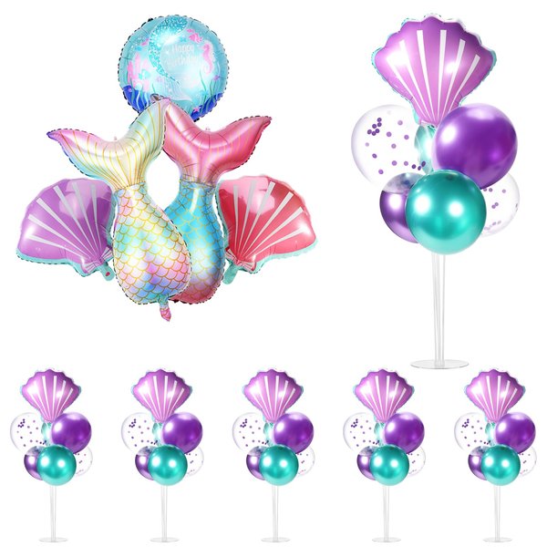 Cecnamt 6 Sets Mermaid Birthday Decorations Mermaid Balloon Stands for Table with Mermaid Balloons Sea Shell Balloons Mermaid Party Decorations Mermaid Party Favors