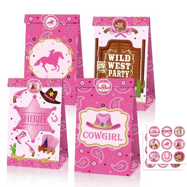 Cowgirl Party Bags, 12Pcs 2 Style Party Favors Gift with Sticker for Western Cowgirl Party Decoration 4 Patterns Pink Cowgirl Candy Pack for Birthday Party Supplies Birthday Party Cowgirl Fans Party